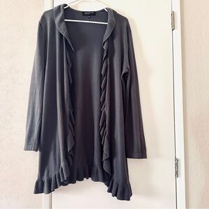 Jones New York Ruffled Open Front Cardigan Size Large Charcoal Grey